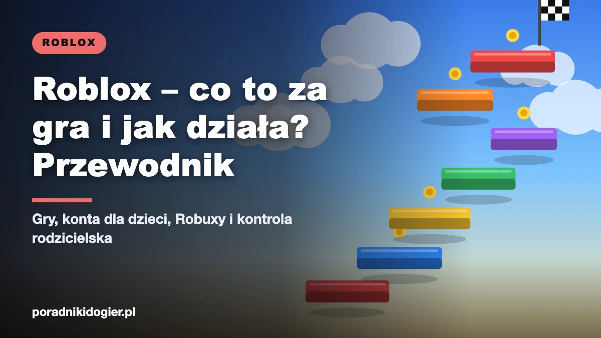 Okładka przewodnika Roblox gra: co to jest Roblox, jak działa konto, Robuxy i czat w 2026 roku